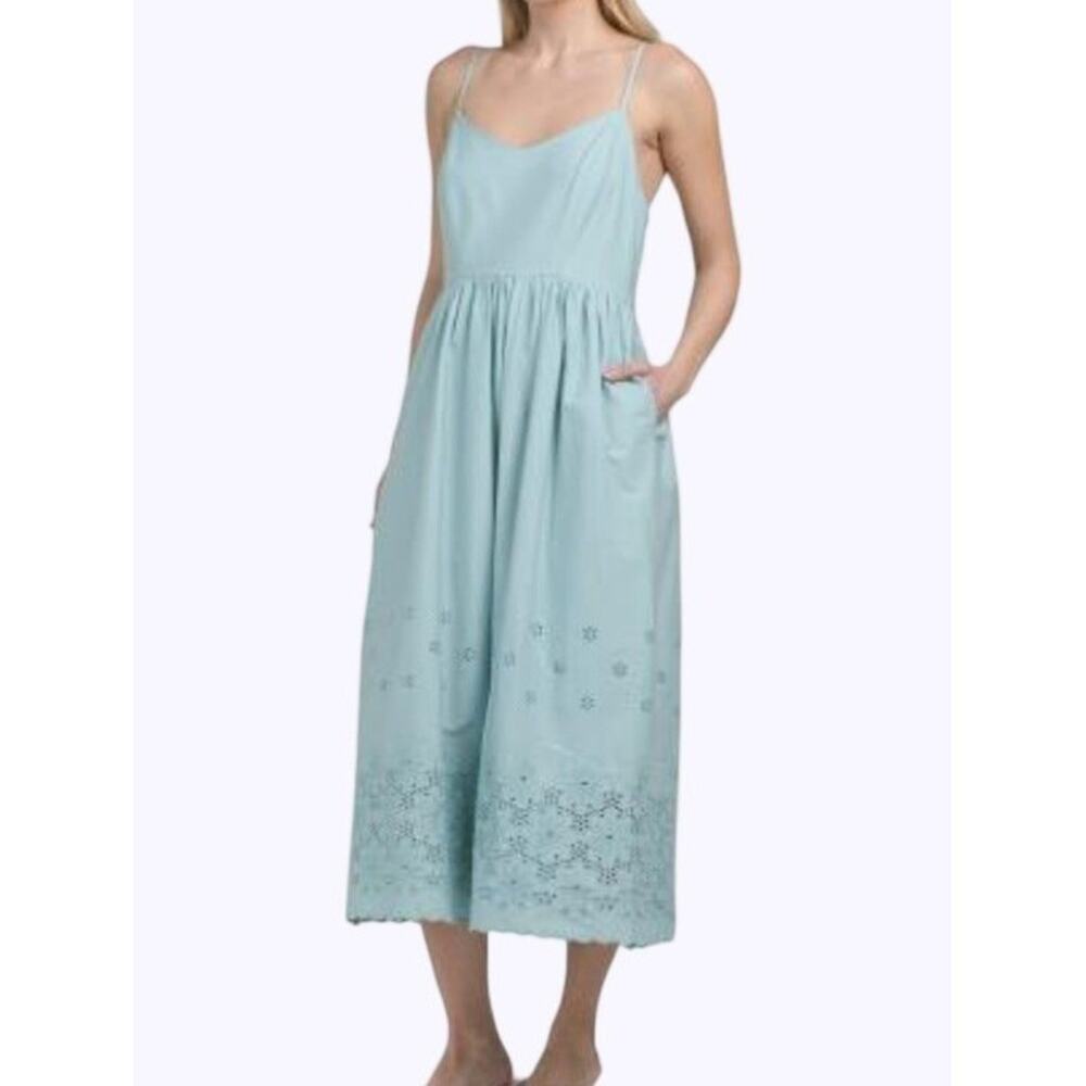 Calypso St. Barth Light Blue Eyelet Midi Sundress Smocked Back Pockets V-Neck